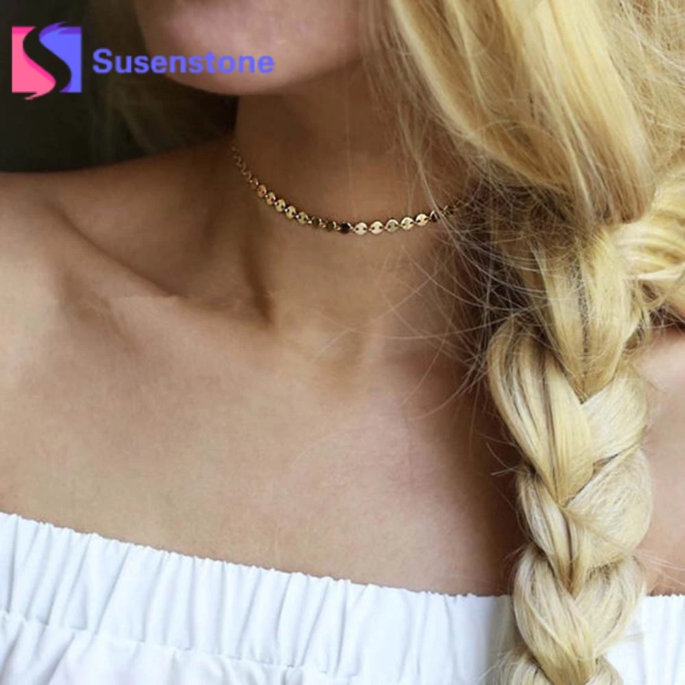 

Vintage Style Collar Choker Silver Gold Metal Sequin Necklaces Statement Jewelry for Women Fashion Pendants Collar Choker Bijoux
