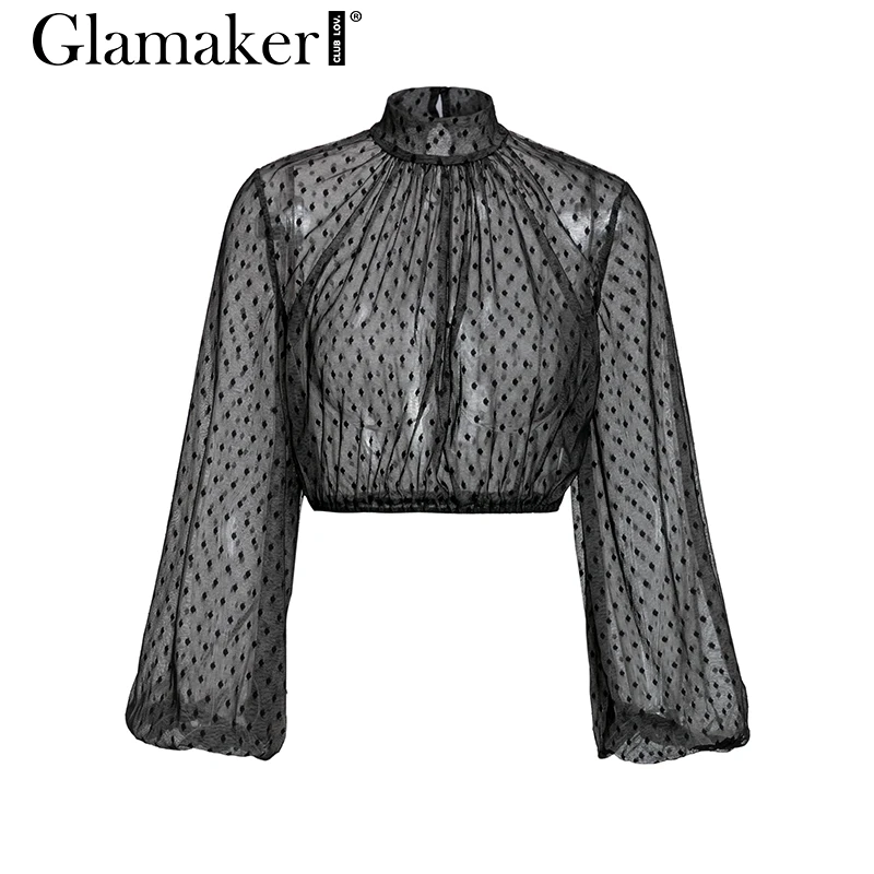 Женская шифоновая блузка Glamaker черная Повседневная Блузка в горошек с длинным
