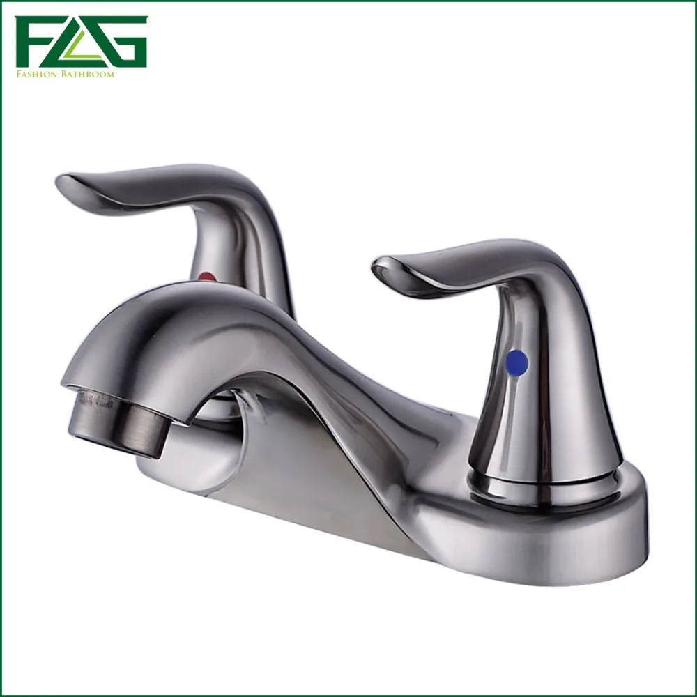 

FLG Basin Faucet Hot Cold Water Deck Mounted Nickel Brushed Vintage Sink Mixer Taps With Water Drainer Two Handles Holes 205-11A