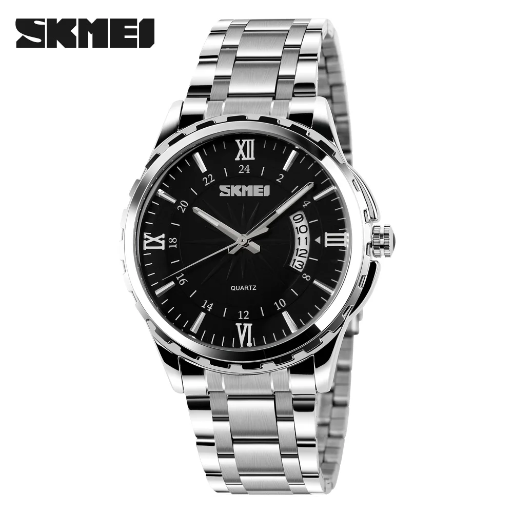 SKMEI брендовые Модные мужские деловые часы полностью стальные повседневные кварцевые нарядные часы Роскошные Водонепроницаемые наручные часы с календарем 9069 - Цвет: Черный
