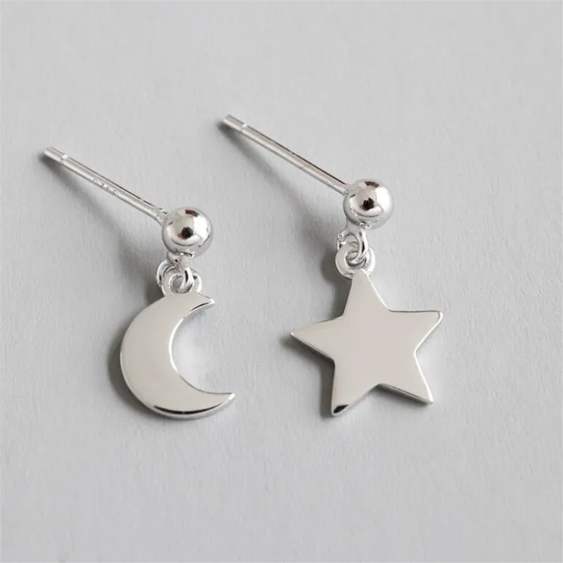 

Trend Stars Moon Asymmetric Stud Earrings Smooth Pendant Charm Ear Nail For Women High Quality Sterling Silver 925 Jewelry
