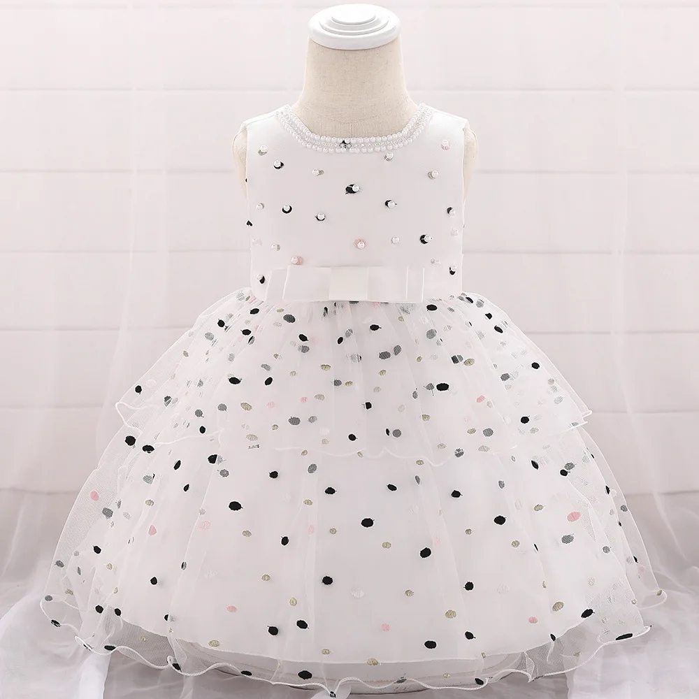 Новое модное платье в горошек для девочек Одежда для крещения для маленьких девочек на день рождения и свадьбу Детские платья для девочек от 0 до 2 лет vestido - Цвет: Белый