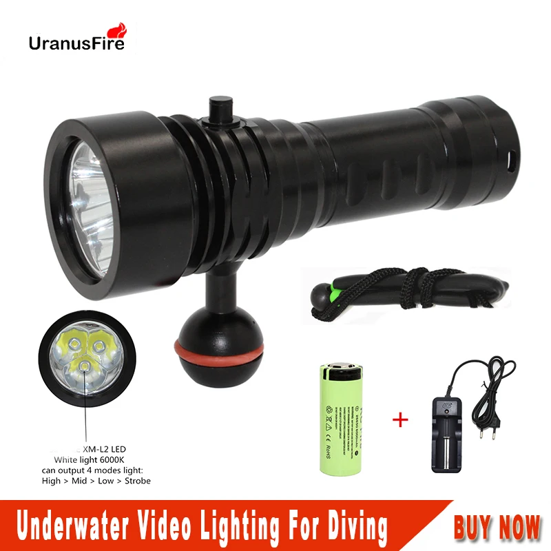 

Uranusfire LED Diving Flashlight L2 Photography Video Light Underwater 100m Waterproof Camera Tactical Torch diving lights