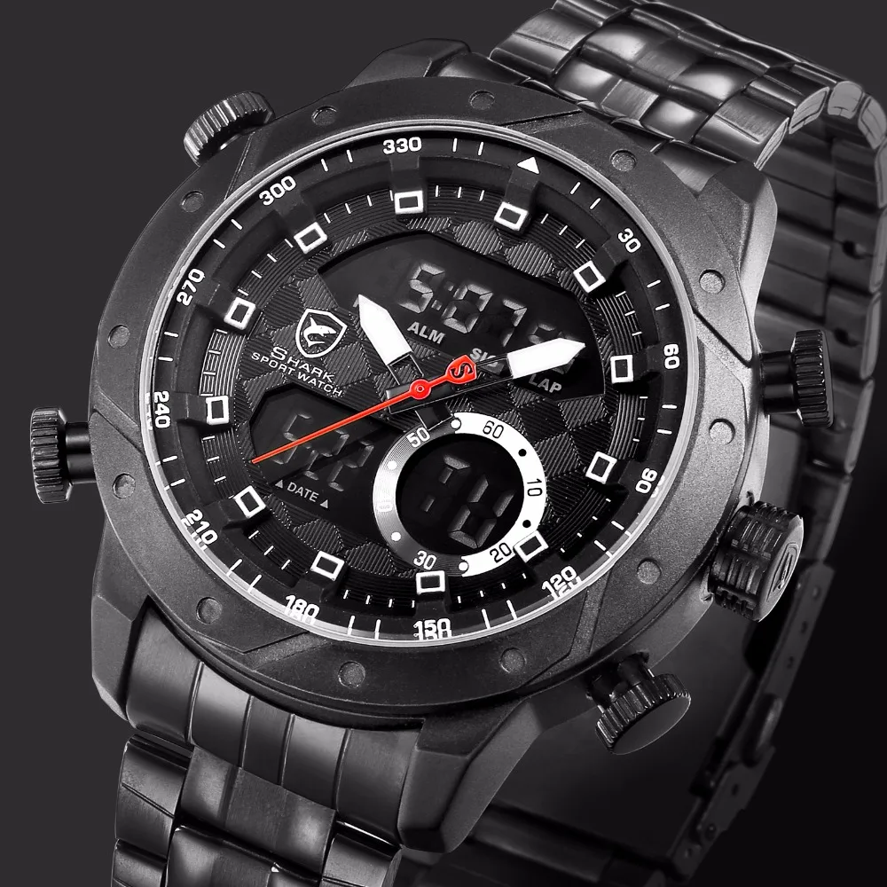 Акула Элитный бренд Для мужчин Военные Спортивные Часы Кварцевые час тревоги ЖК-дисплей аналоговые цифровые часы мужской черный Сталь ремешок часы/SH591