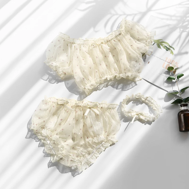 

Pastoral Girly Style Sexy Lingerie Underwear Tranparent Floral Cute Chiffon Beautiful Tube Top Bra Panty Leg Ring 3pcs Set