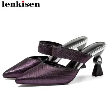 

Lenkisen newest special sheep leather strange style high heels slip on mules superstars pointed toe large size runway shoes L36