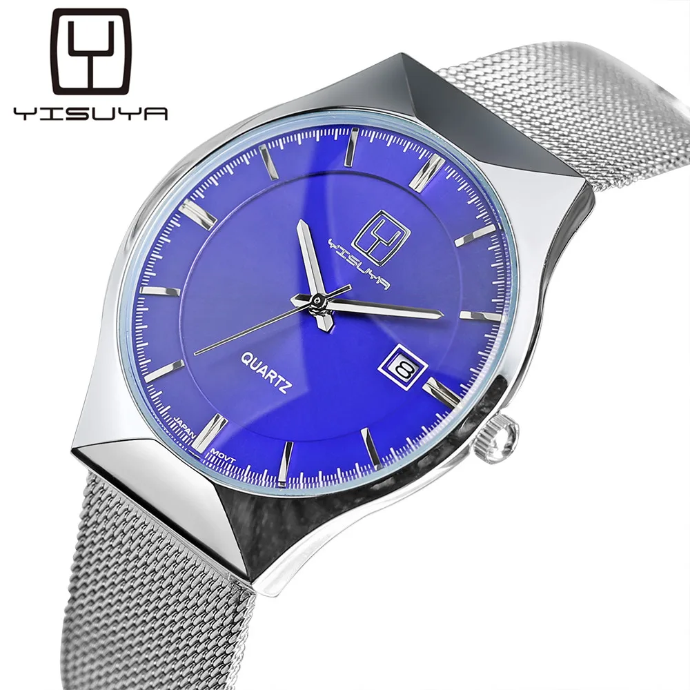 

YISUYA Date Display Stainless Steel Mesh Band Men Watches Modern Sport Casual Quartz Wrist Watch Fashion Blue Face Relogio Gift