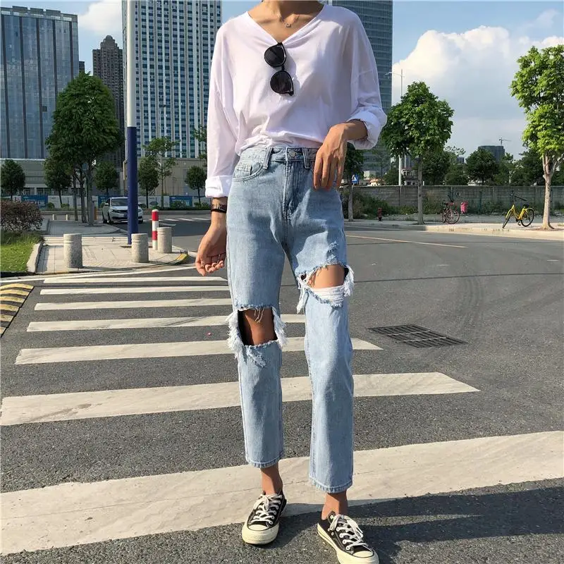 

Vintage Hole Straight Womens Jeans Washed High Waisted Korean Denim Jeans Casual Jeans Feminino