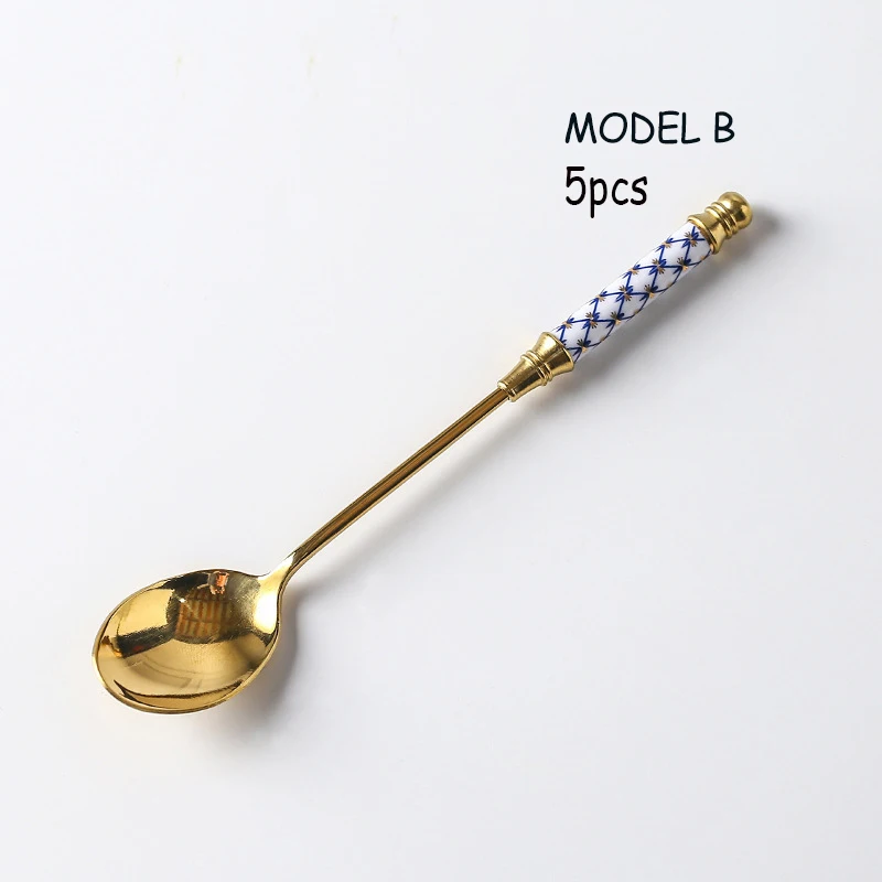 Ложка для кофе из нержавеющей стали, Корейская креативная ложка, керамическая десертная ковша с длинной ручкой, ложка для перемешивания, Подгонянная посуда, 5 шт./компл - Цвет: Model B