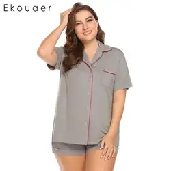 Ekouaer плюс Размеры пижамный комплект Для женщин пижамы короткий рукав воротник с лацканами пуговицах рубашки и шорты Ночное костюмы XL-4XL