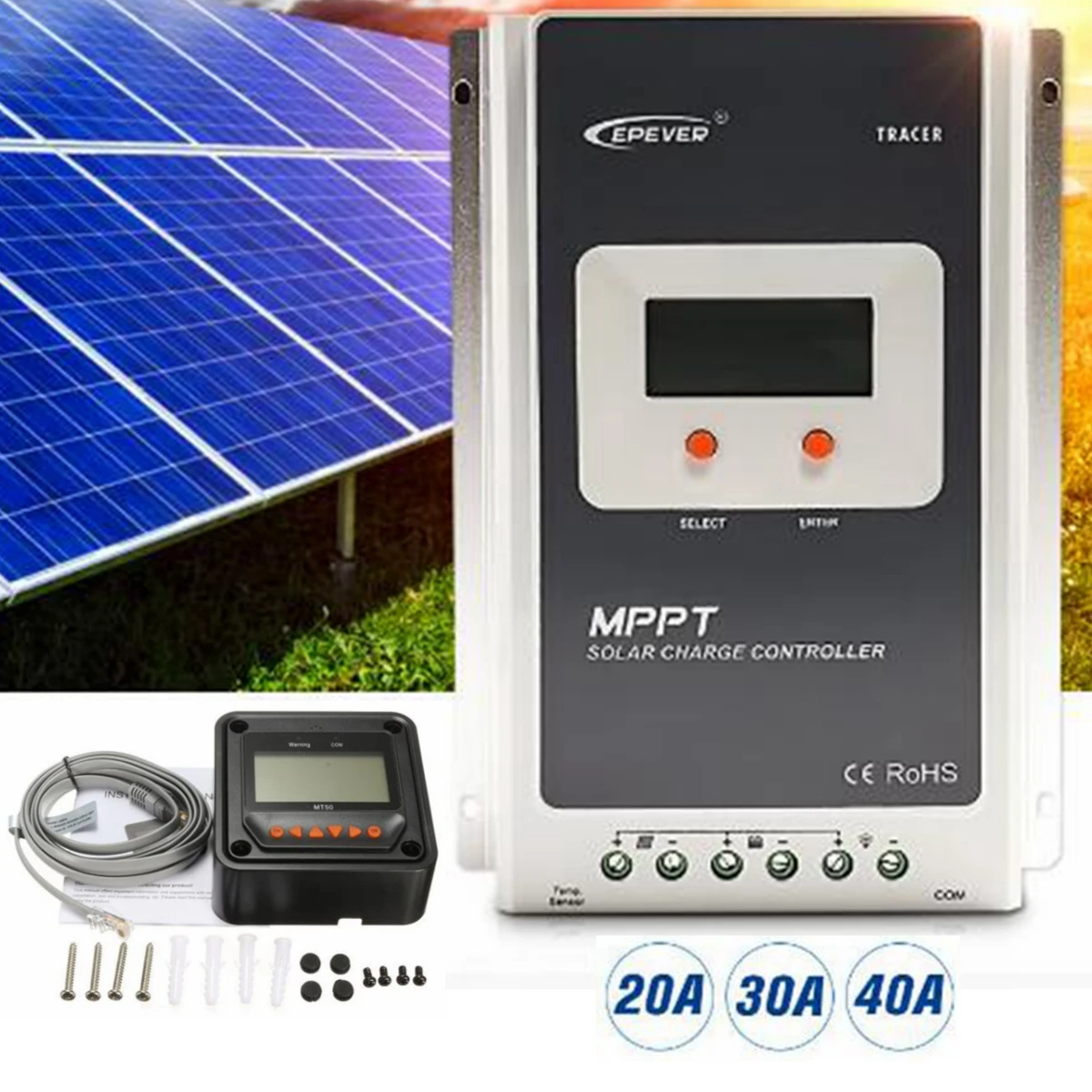

12/24V MPPT Solar Charge Controller LCD Panel Display Design with MT50 Black Remote Meter RS-485 Regulator 40/30/20A Ultra-fast