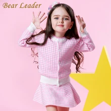 Bear Leader/комплекты для девочек г. Новые Осенние вязаные костюмы розового цвета с узором «гусиные лапки» свитер в клетку с длинными рукавами+ юбка, детские костюмы из 2 предметов для От 3 до 7 лет