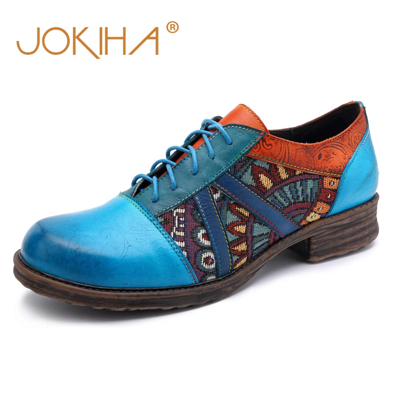 

2019 Spring Summer Women Brogue Shoes Genuine Leather Mixed Color Woman Flats Shoes Casual Fashion Blue Retro Shoes Plus Size 42