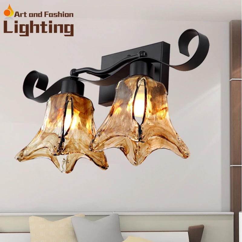 Mittelmeer Retro Glas Eisen Wandleuchte Fur Flur Abwarts 2 Lichter