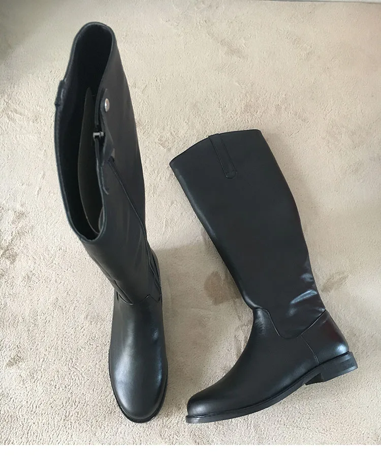 Phoentin/черные сапоги до колена на молнии из натуральной кожи на низком Плоском Каблуке; высокие сапоги для женщин; однотонная модная обувь для женщин; FT449