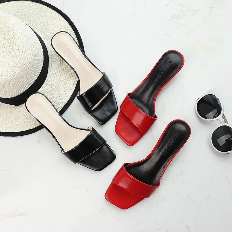 

Women's Slippers Summer 2020 Shoes Woman Mid Square Heel Slides Flats Sexy Solid Black Red Outside Beach Sandals Flip Flops Shoe