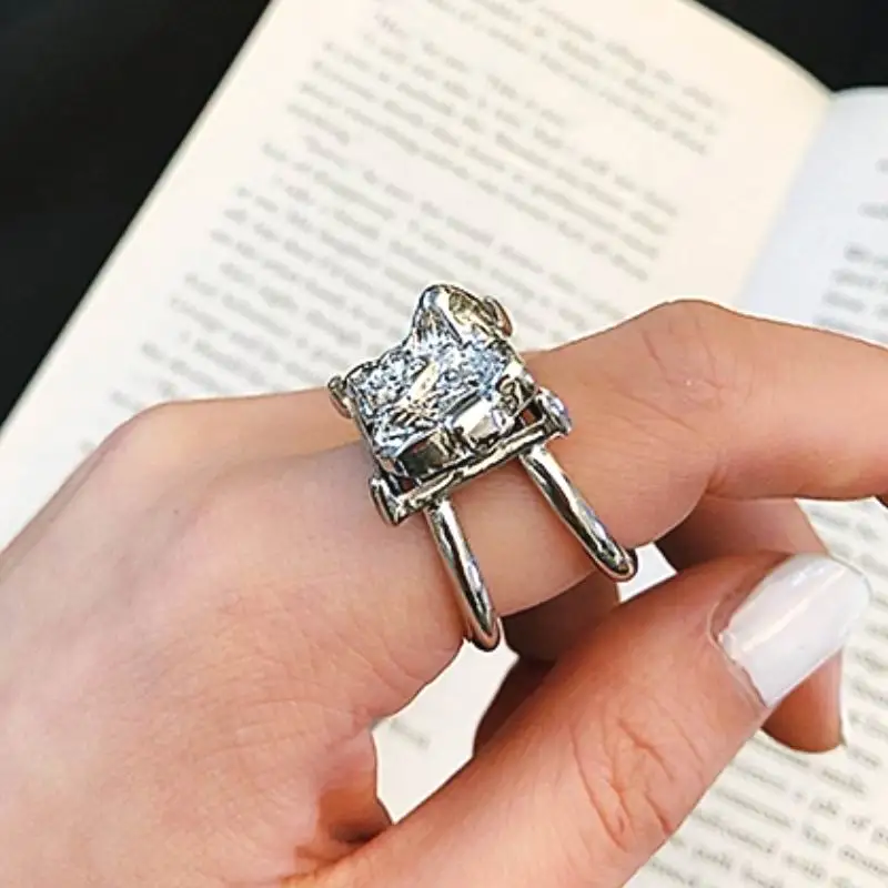 

Big Square Statement Rings For Women Silver Color 2019 New Personality Open Ring Adjustable