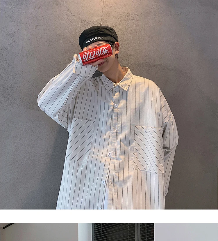 LAPPSTER Men Stiped Shirts Streetwear Casual Man Black Oversized Shirts White Harajuku Vintage Long Sleeve Shirt For Men