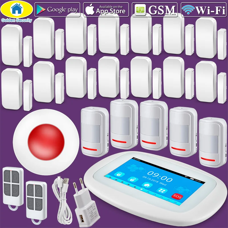 

K52 WIFI GSM Alarm System 4.3 Inch TFT Color Display Touch Screen Home Alarm System Security PIR Motion Detector Flashing Siren