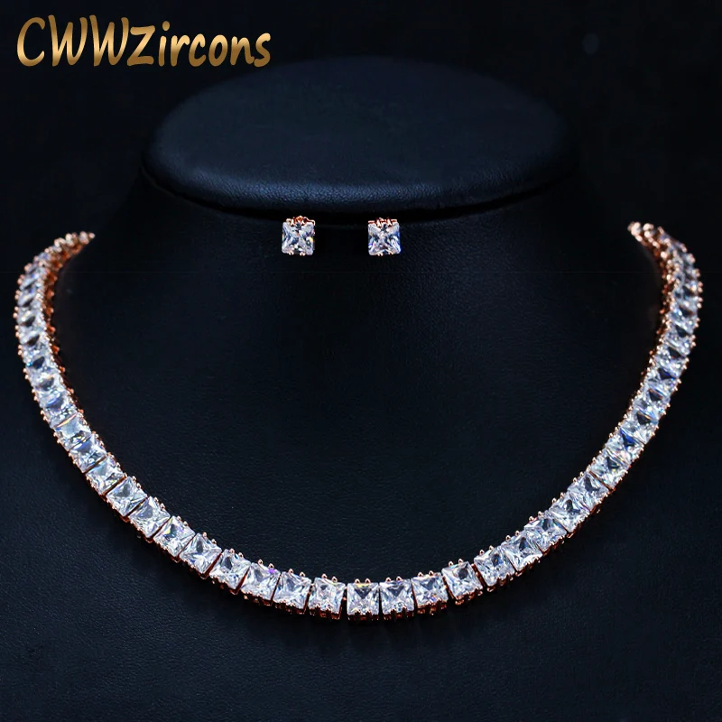 CWWZircons Classic Princess Cut Cubic Zirconia Stones Rose Gold Bridal Choker Necklace Jewelry Set for Women Wedding Party T202|Ювелирные