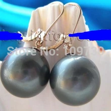 Ry00363 Природных 16 мм Круглый Черный Морские Раковины Жемчужные Серьги 14KGP