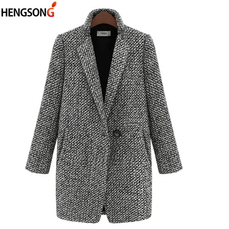 

Autumn Winter Suit Women Coat Houndstooth Wool Blend Coat Single Button Pocket Oversize Long Trench Outerwear Female Wool Coat