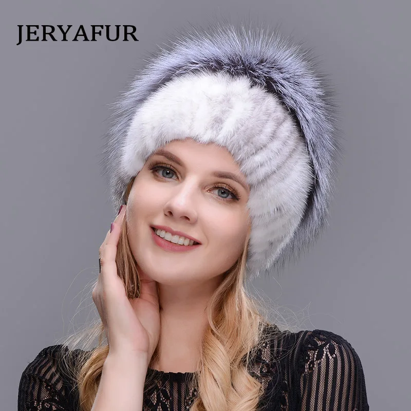 JERYAFUR, женские новые меховые шапки для зимы, меховая шапка из натуральной норки, мех серебристой лисы, помпоны, вязаная шапка, новинка, распродажа, меховые шапки - Цвет: COLOR1