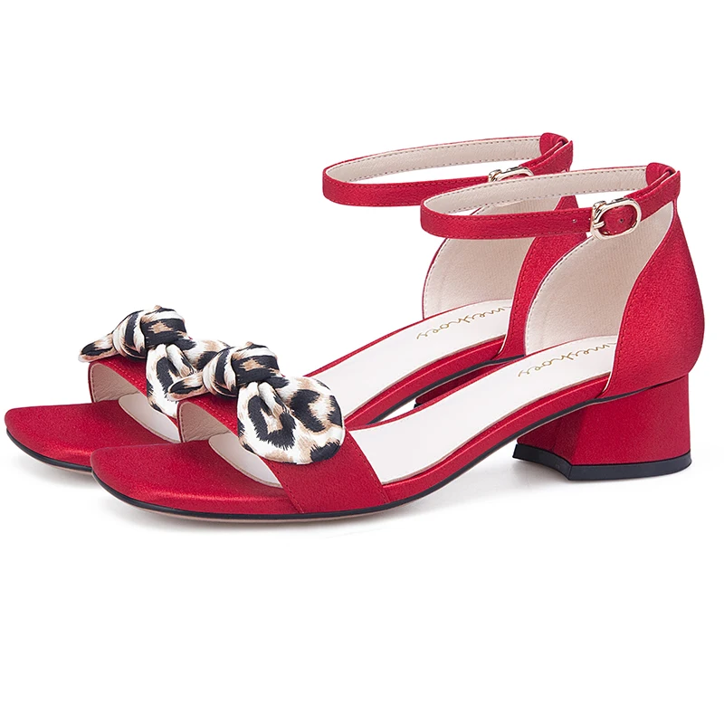 

2019 Summer Bowknot Black Red Women Sandals Block High Heels Femme Shoes 11813ABX2257