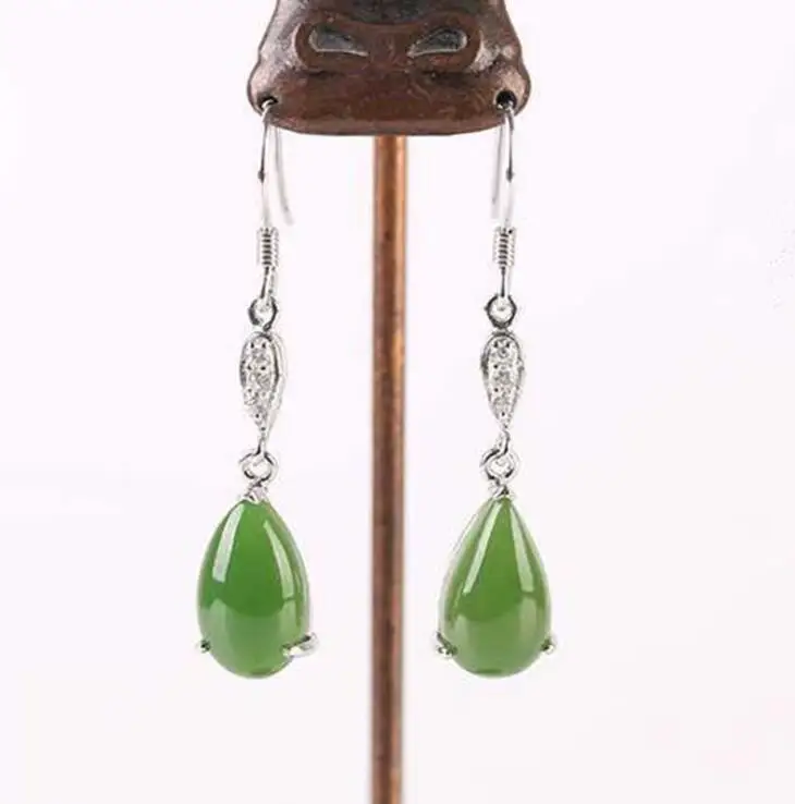 

TJP natural GEMSTONE mosaic S925 silver Hetian jade jasper water Drop shaped Spinach green jasper earrings woman a pair