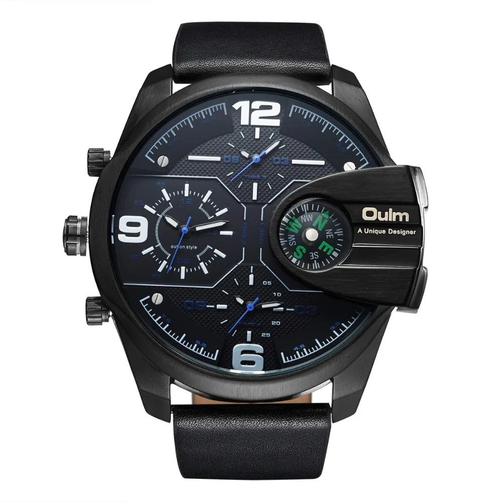 

Brand Luxury Relogio Watch Fashion Leather Strap Military Dual Display Compass Design Sports Quartz Three time Watch