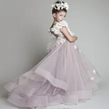 Новые Платья с цветочным узором для девочек на свадьбу, бальное платье органза, с аппликацией, без рукавов, круглый вырез, длина до пола, пышные платья для девочек