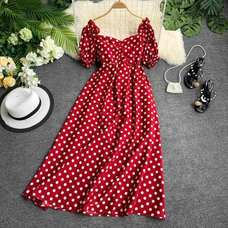 

Random Women Summer Sexy Beach long Dress Sweet Polka dot V Neck Elegant Dress Vintage Ladies casual korean red white dress