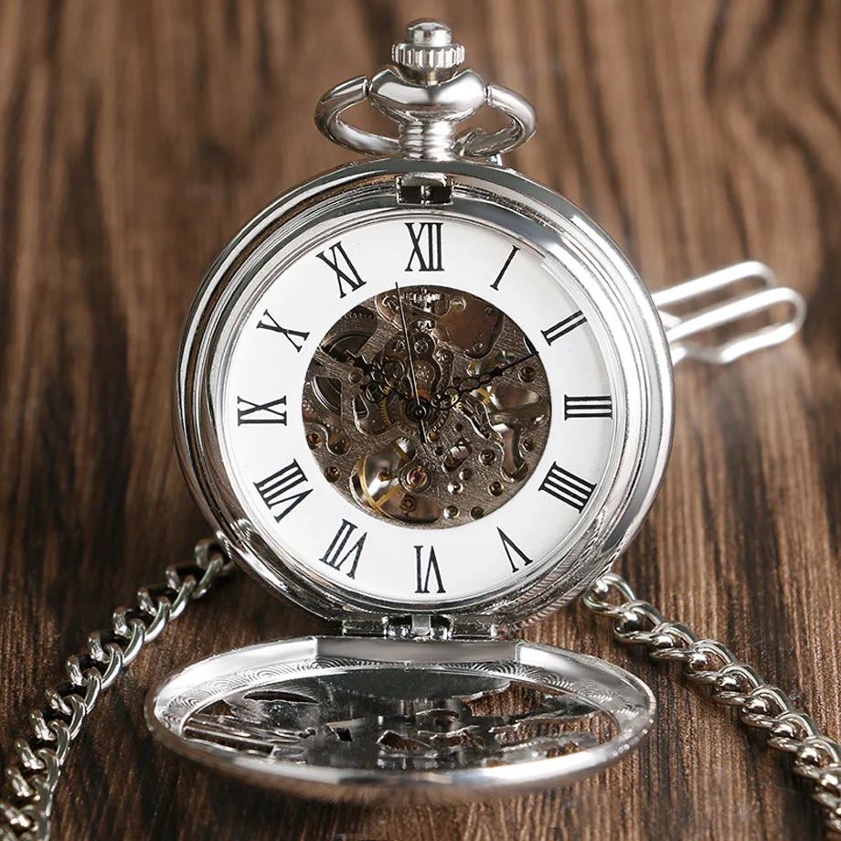 Luxury Men Women Sliver Hollow Simple Casual Mechanical Hand Wind Pocket Watch Antique Steampunk Rome Number Fob Clock  (9)