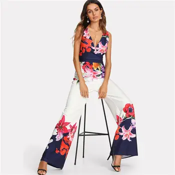 

Sexy Strappy Floral Jumpsuits Women Clubwear Bandge Playsuit Bodycon Party Jumpsuit Rompe Wide Leg Trousers