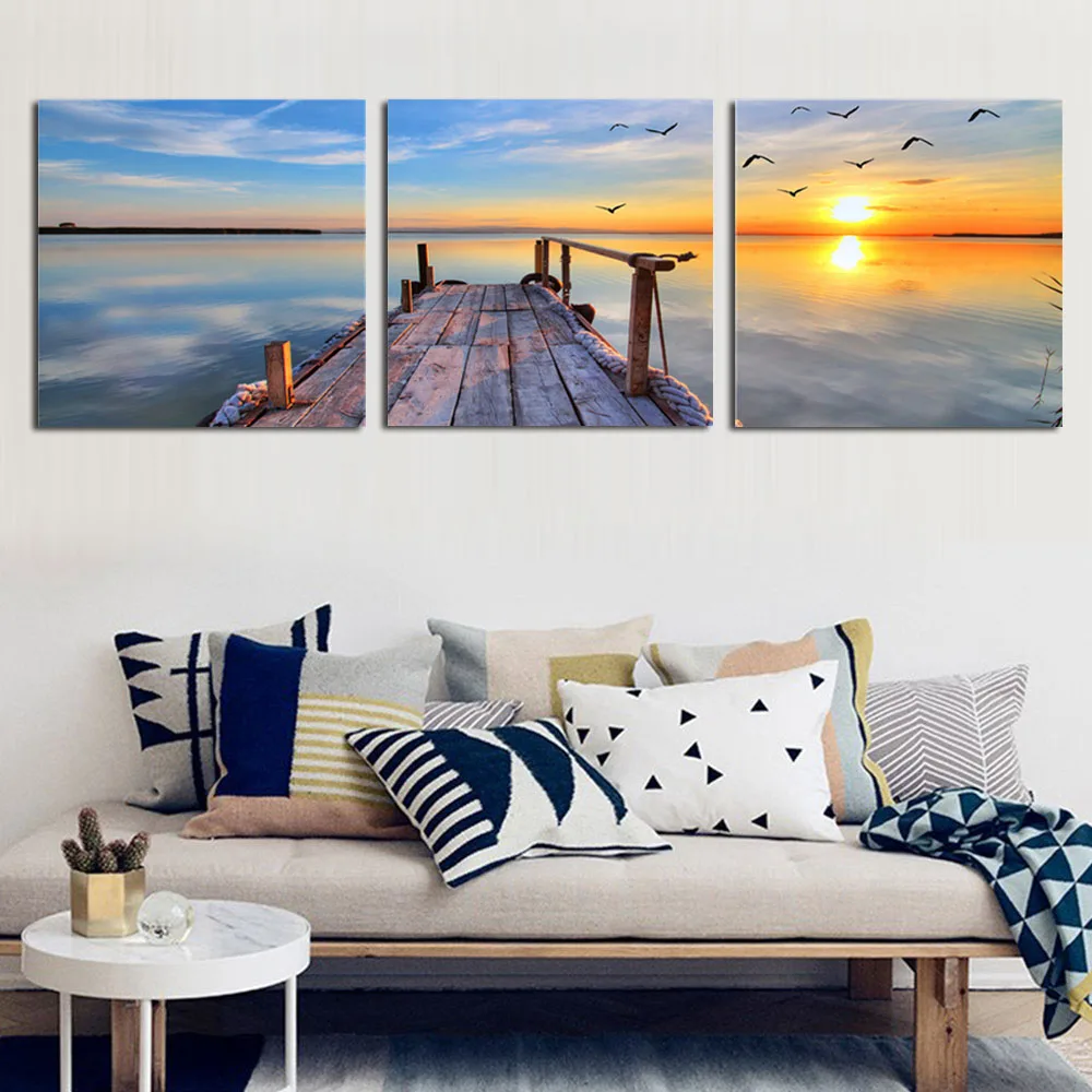 

Natural Landscape Photography Wall Decor Canvas Painting Sunset Seascape Printed Picture for Living Room 3 Panel Scenery Posters