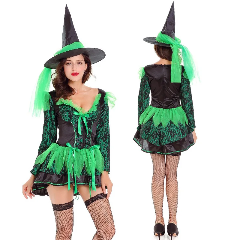Новые женские сексуальные костюмы на Хэллоуин женский Ролевой костюм с глубоким v-образным вырезом Зеленый костюм ведьмы нарядное платье