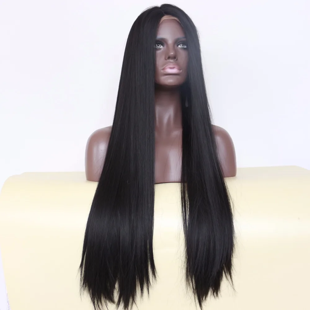 

BeautyTown Straight Type Glueless Heat Resistant Hair Black 1B Color Hand Tied Natural Coplay Synthetic Lace Front party Wigs