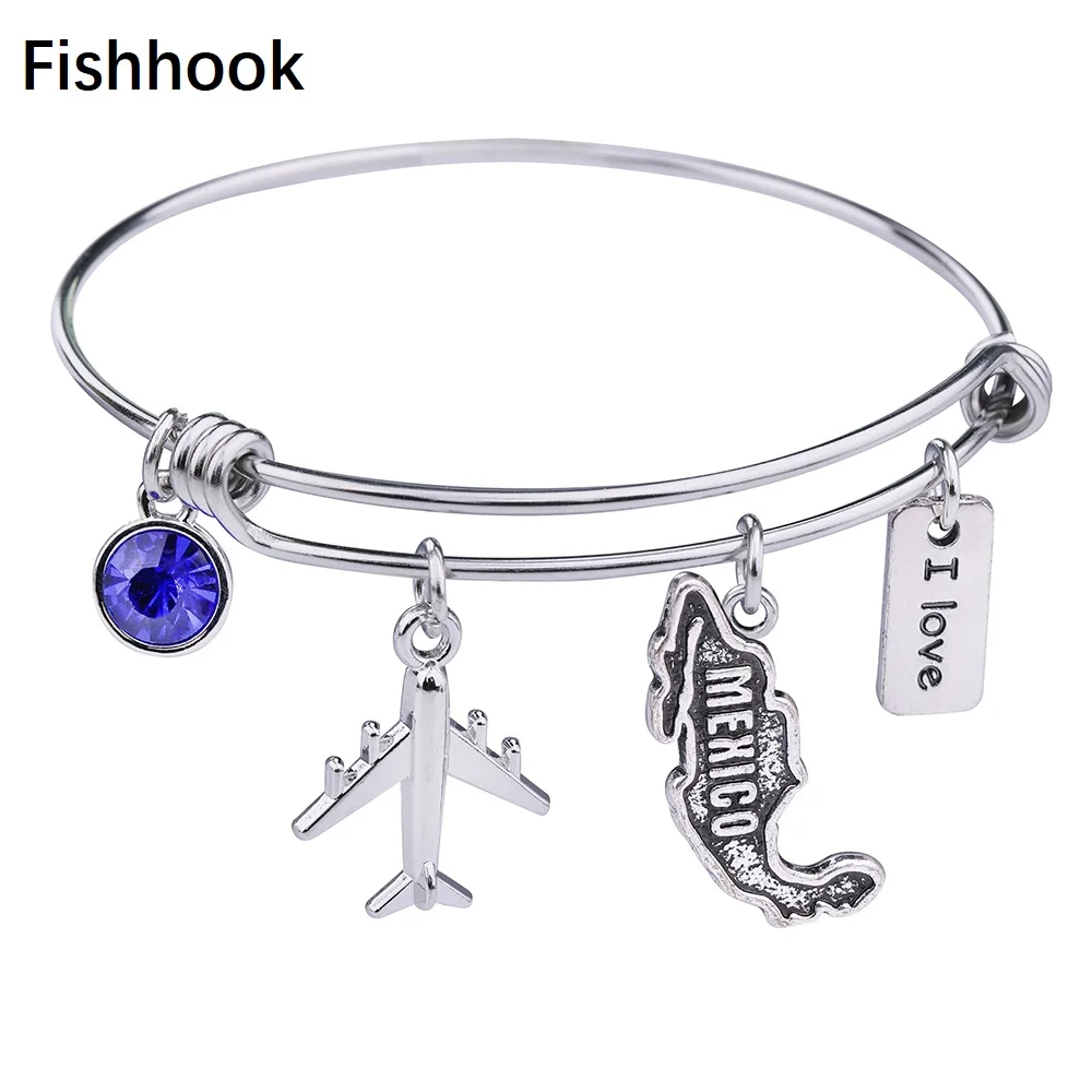 

Fishhook DIY Stainless Steel Bangles Mexico/Spain/Italy/Africa Map Bracelets with Airplane Crystal I Love Words Wire Bangles