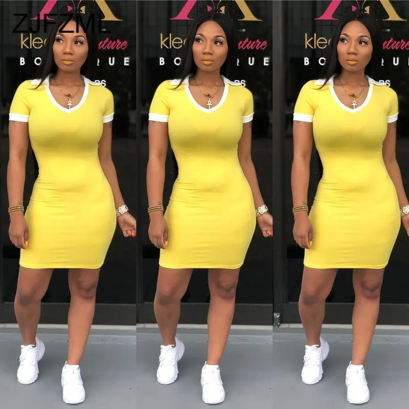 

High Waist Sexy Plus Size Dress For Women Yellow Deep V Neck Short Sleeve Club Party Dress Summer Ladies Package Hip Mini Dress