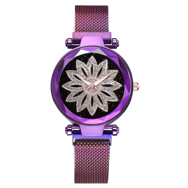 Роскошные женские магнитные часы с цветочным циферблатом Фиолетовые женские часы звездного неба модные женские кварцевые часы-браслет подарок для девочки - Цвет: Purple