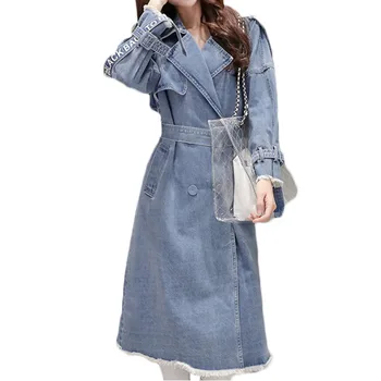 

2019 Spring Autumn Women Denim Windbreaker Korean Slim Splice Denim Trench Coat Fashion Coat Womens Belt Casual Denim Coat e103