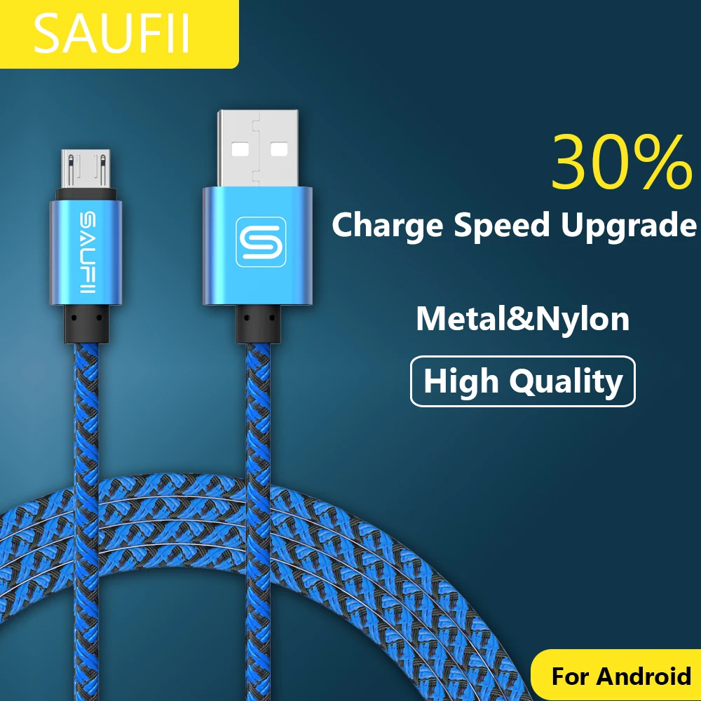 SAUFII 2A Metal Braided nylon micro usb cable Charger data sync usb charging cable cord for samsung galaxy xiaomi cell phones
