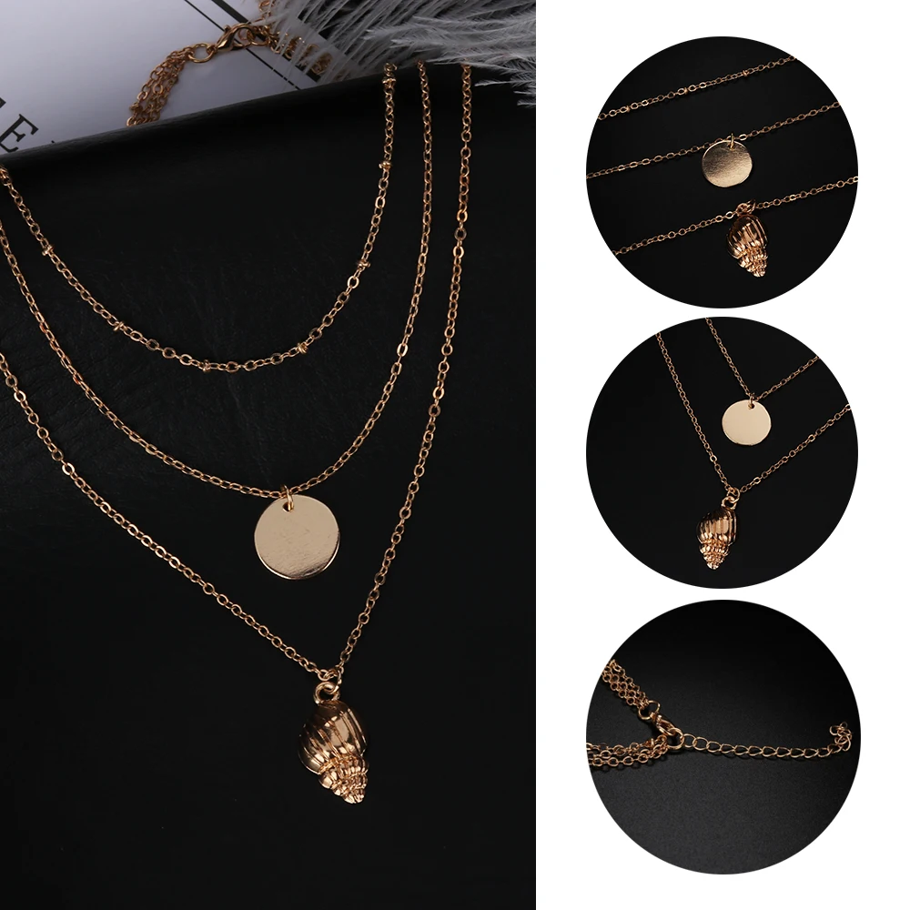 

1 PCS Conch Necklace Boho Multilayered Conch Coin Sequins Necklace Pendants Gold Chain Women Fashion Jewelry Accessories