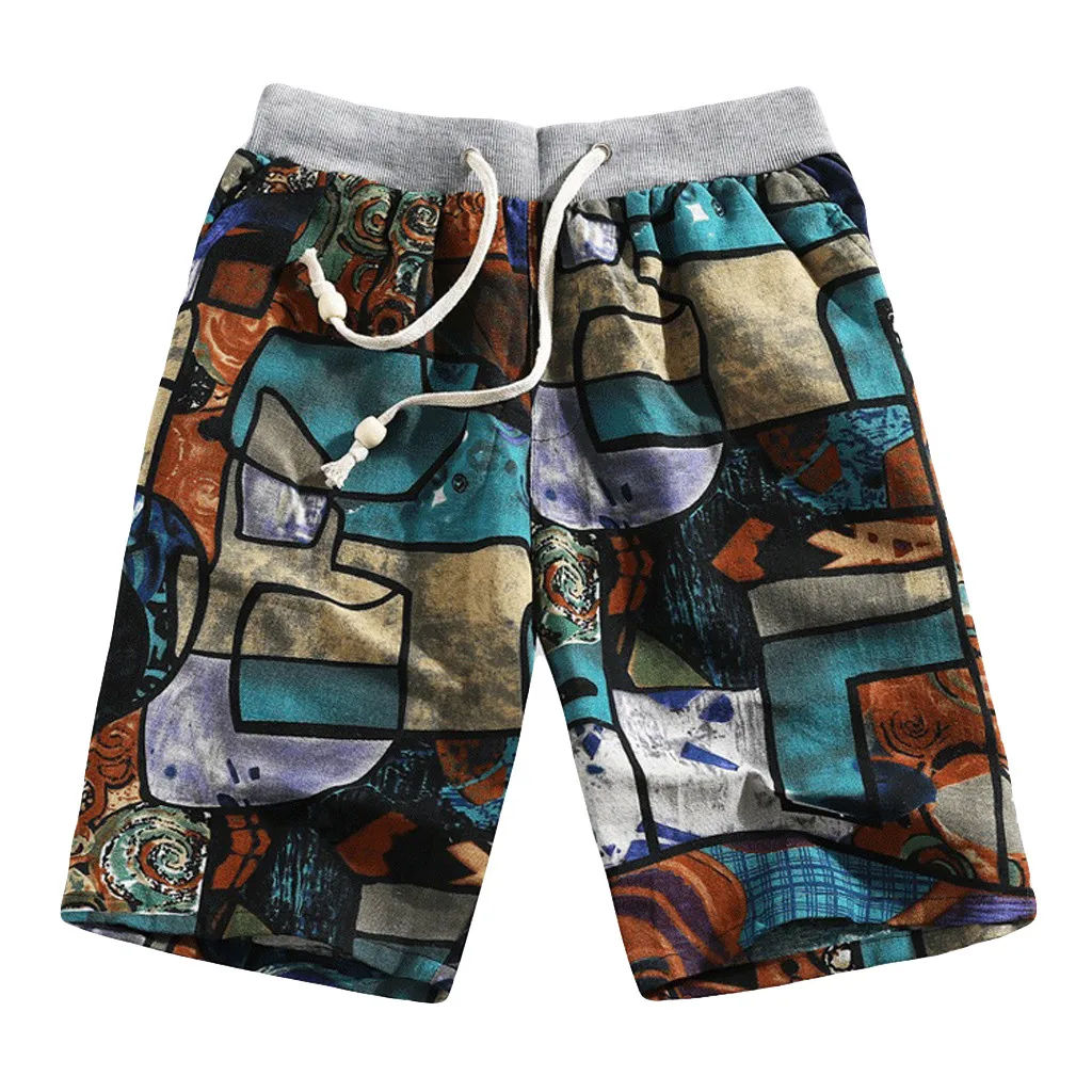 Для мужчин летние Повседневное Этническая Стиль многоцветный печатных свободные льняные прямые упругие талии Короткие пляжные шорты Surffing