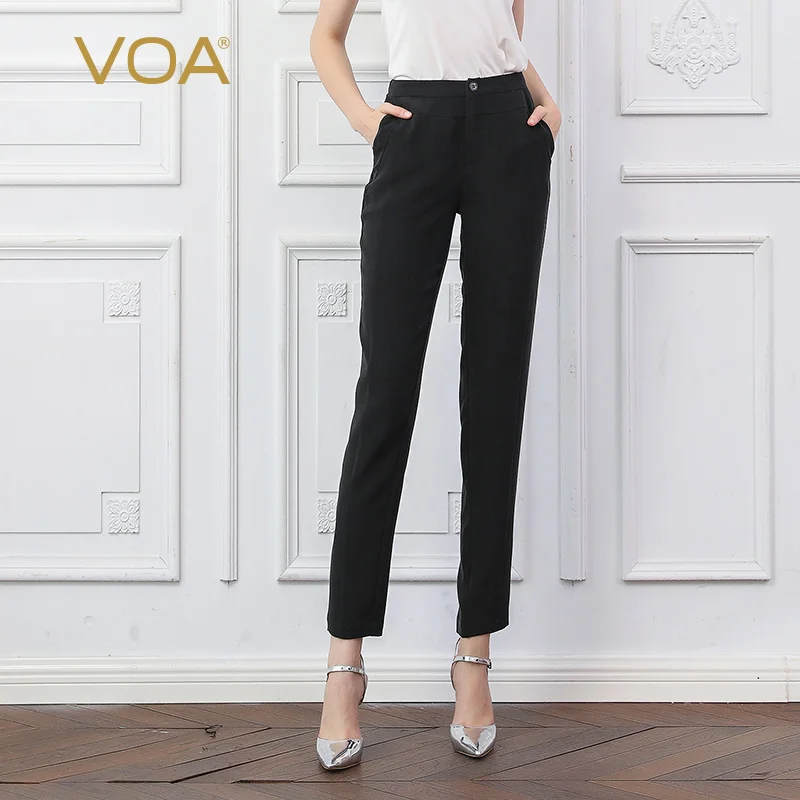

VOA Black Silk Pencil Pants Women Long Trousers Large Size Slim Autumn Office Basic Solid Gothic Mid Waist pantalon femme K3275