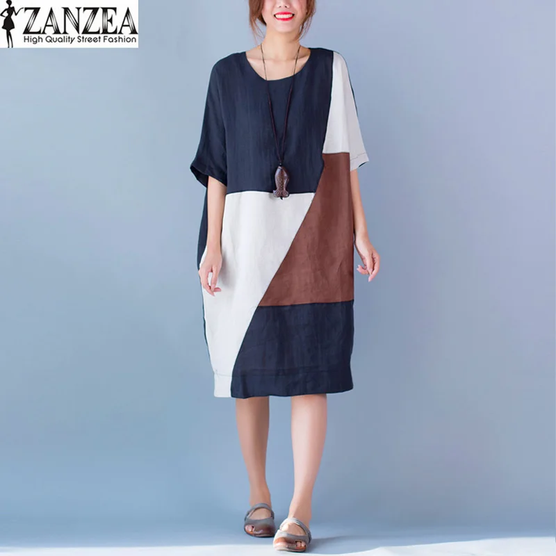 

New Fashion ZANZEA Oversize Patchwork Casual Kaftan Vestido 2019 Womens Summer Short Sleeve Long Shirt Dress Crewneck Sundress