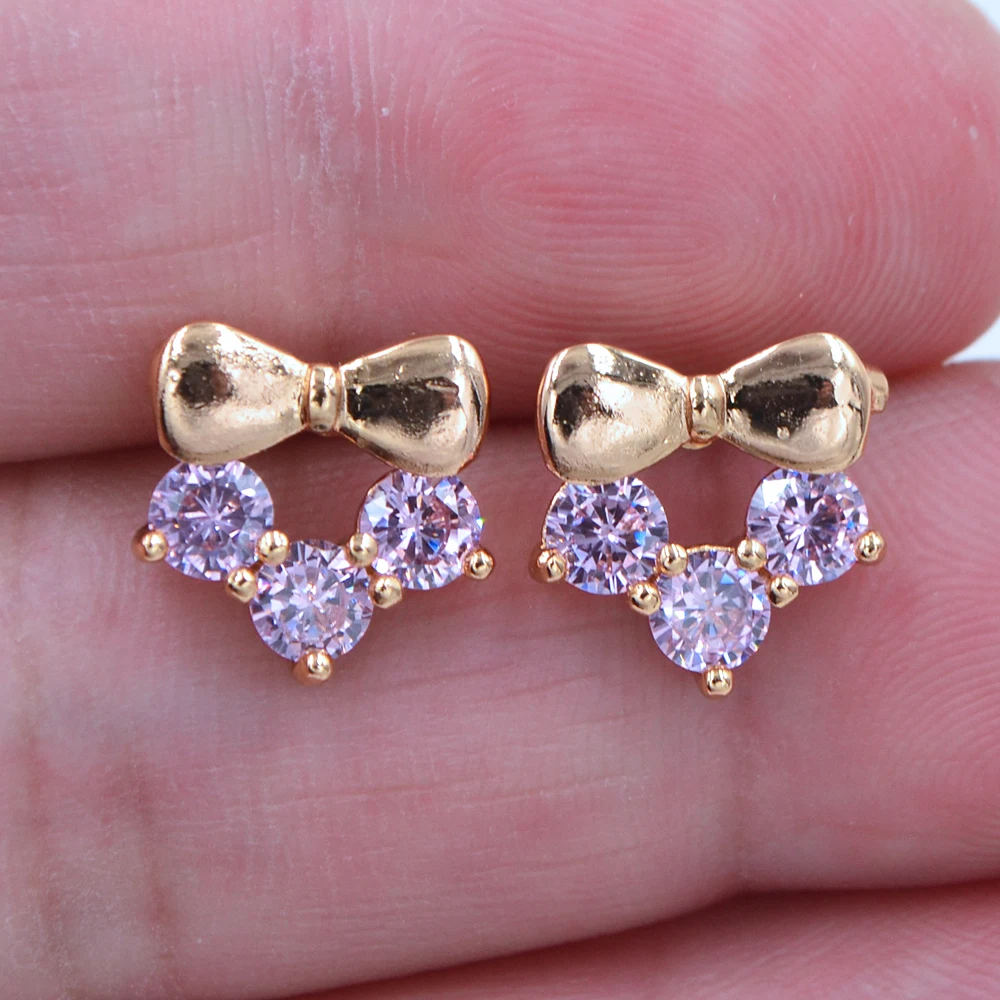 

Trendy Gold Color AAA+ Cubic Zirconia Lovely Pink CZ Bowknot Stud Earrings for Women