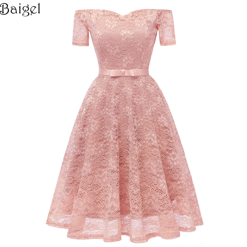 Women Short Sleeve Floral Lace Sexy Dress Off the Shoulder Wedding Party Dress Bridesmaid Robes Rockabilly Vintage Dress  (5)