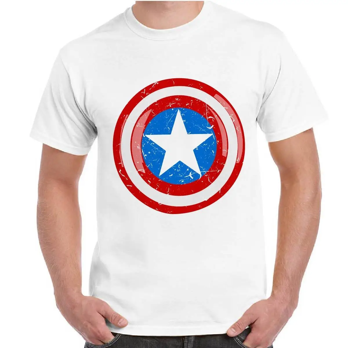 Uomo Maglia Maniche Corte Supereroi Marvel Stampa Scudo - 