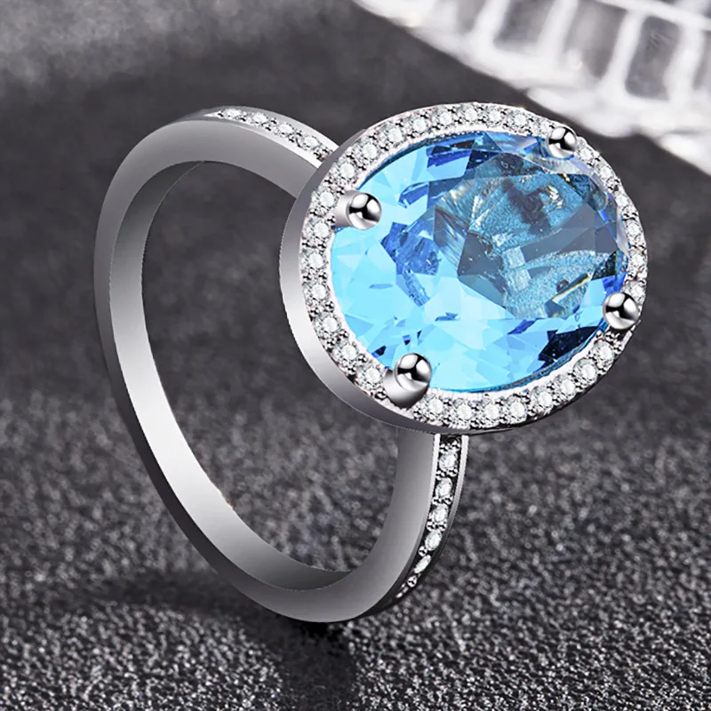 

Wholesale Round Sea Blue Zircon Solid 925 Sterling Silver Ring Female Retro March Birthstone Wedding Ring